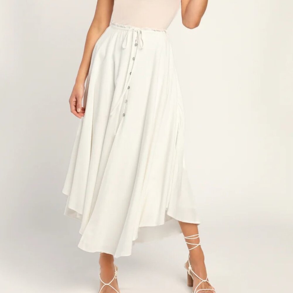 Lulus Best Beginnings Ivory Button-Front Midi Skirt NWT Linen Blend Sz S